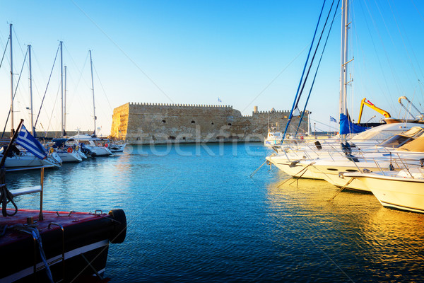 ストックフォト: 港 · ギリシャ · ベニスの · 砦 · ボート · ビーチ