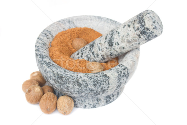 nutmeg powdered in mortar on white Stock photo © neirfy