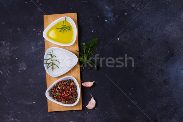 食品 スパイス オリーブオイル 黒 背景 レストラン ストックフォト © neirfy