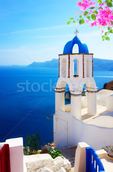 Stok fotoğraf: Görmek · merdiven · santorini · adası · mavi · deniz · çiçekler
