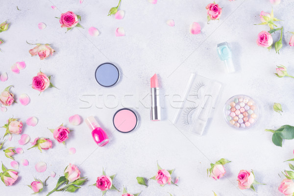 Colorful make up and roses flat lay scene Stock photo © neirfy
