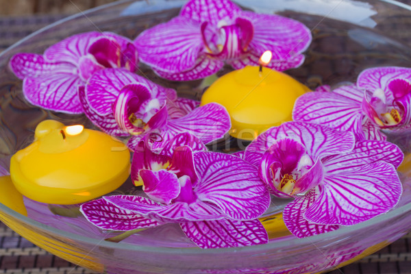 Foto stock: Estância · termal · velas · terapia · orquídea · flores · fogo