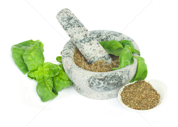mortar with powdered basil herb Stock photo © neirfy