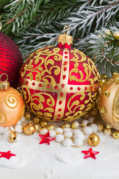 Stock photo: christmas red and golden heart with evegreen tree 