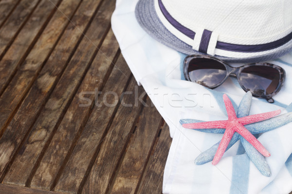 Foto stock: Toalla · de · playa · marco · verano · estrellas · de · mar · sombrero