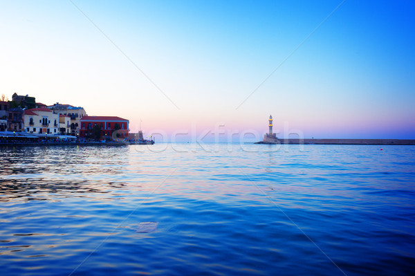 Stock photo: lighthouse of Chania at pink sunset, Crete