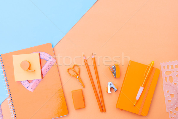 Zurück in die Schule Szene Schulbedarf blau orange Büro Stock foto © neirfy