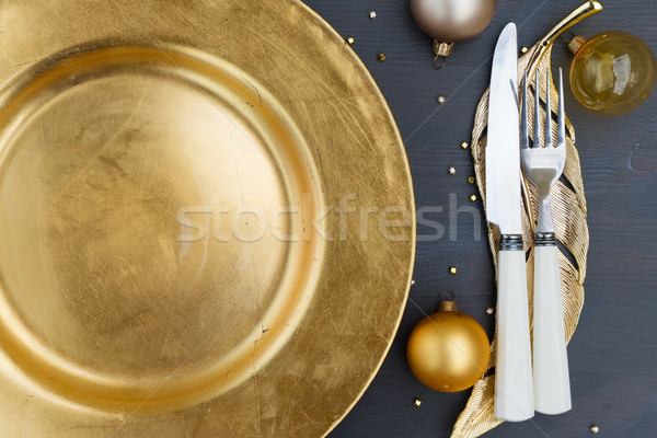 Foto stock: Navidad · dorado · placa · vacío · cuchillo · tenedor