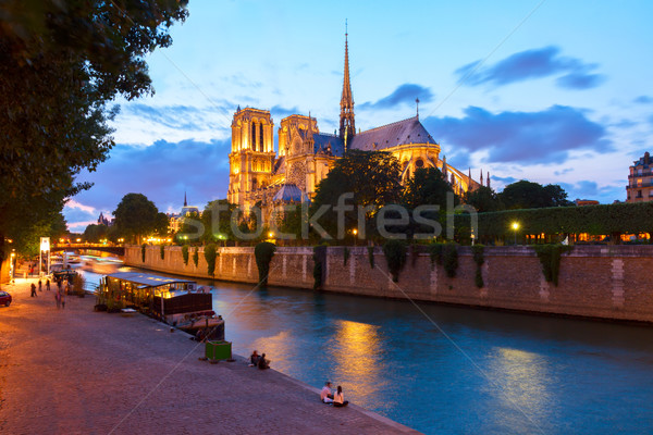 Notre Dame Katedrali Paris Fransa nehir gece gökyüzü Stok fotoğraf © neirfy