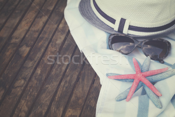 Strandlaken schelpen frame zomer zeester hoed Stockfoto © neirfy