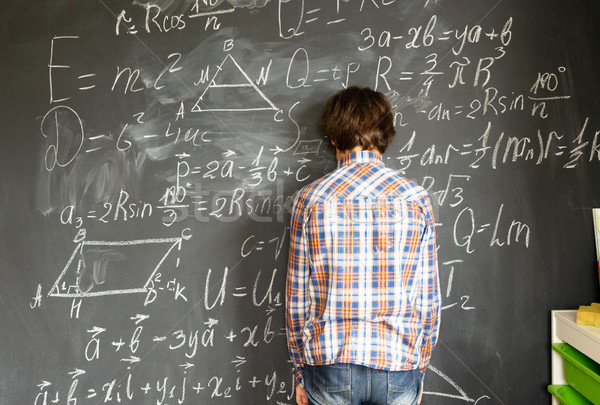 Zűrzavar fiú áll iskolatábla matematika képletek Stock fotó © neirfy