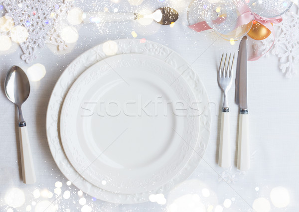 Karácsony teríték szett tányérok kellékek fehér Stock fotó © neirfy