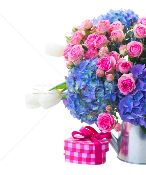 pink roses and blue hortensia flowers close up Stock photo © neirfy