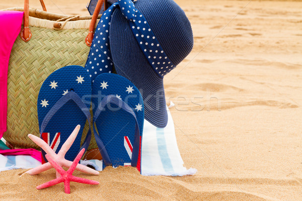 Sonnenbaden Zubehör Sandstrand Stroh Tasche Stock foto © neirfy