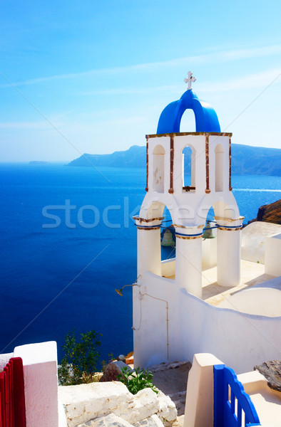 view of caldera with stairs and belfry, Santorini Stock photo © neirfy