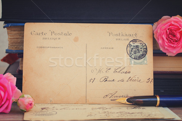 antique empty postcard with flowers and quill pen Stock photo © neirfy