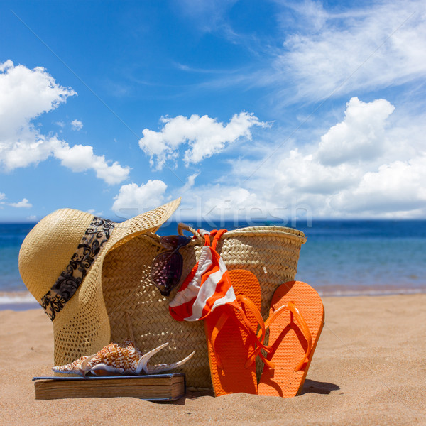 Napozás kellékek homokos tengerpart szalmaszál táska nyár Stock fotó © neirfy