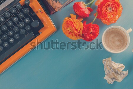 Vintage orange machine à écrire fleurs café [[stock_photo]] © neirfy