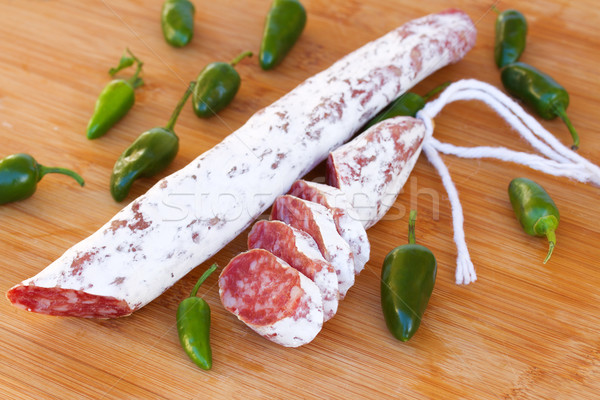 Spanish fuet sausages with green peppers Stock photo © neirfy