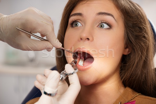 Dentist making anaesthetic injection to scared female patient  Stock photo © Nejron