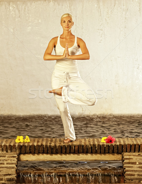 [[stock_photo]]: Belle · jeune · femme · yoga · exercice · femme · fleurs