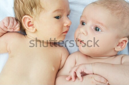 Foto stock: Retrato · dos · pequeño · bebé · cara · ojos