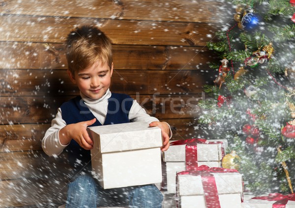 Pequeno menino abertura caixa de presente árvore de natal Foto stock © Nejron