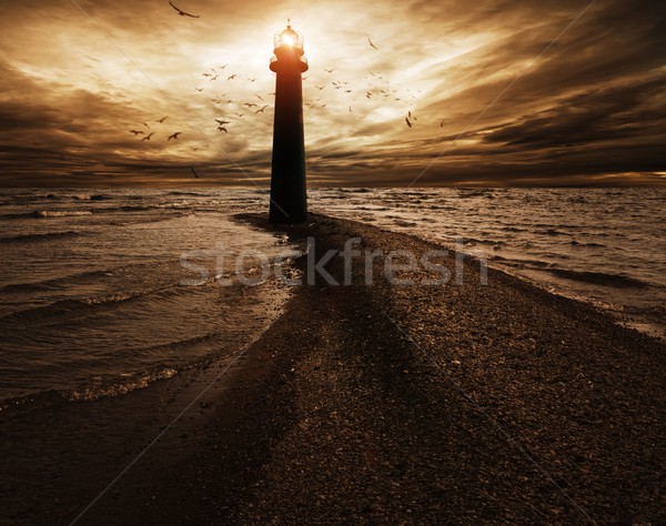 暴風雨 天空 燈塔 日落 光 海洋 商業照片 © Nejron