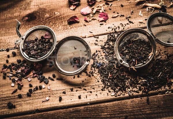 Stock foto: Tee · aromatischen · Holztisch · Blume · Hintergrund · Tabelle