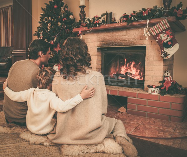 Family near fireplace in Christmas decorated house interior with gift box Stock photo © Nejron