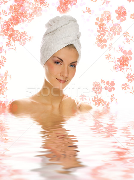 Beautiful girl with white towel on her head reflected in rendere Stock photo © Nejron