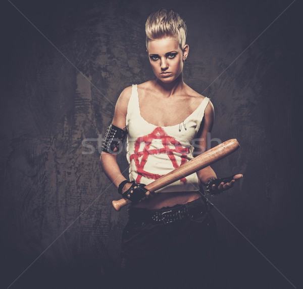 Foto stock: Punk · menina · taco · de · beisebol · cara · guerra · beisebol