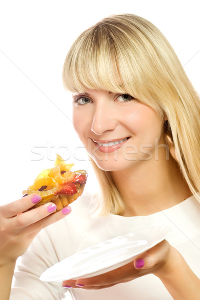 Beautiful young woman with fruit cake isolated on white backgrou Stock photo © Nejron