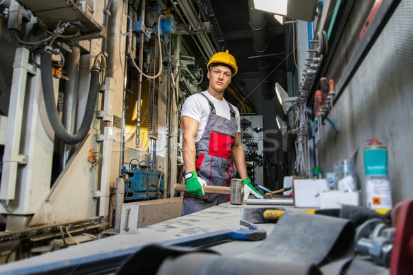 Foto stock: Trabajador · seguridad · sombrero · maquinaria · habitación · trabajador · de · la · fábrica