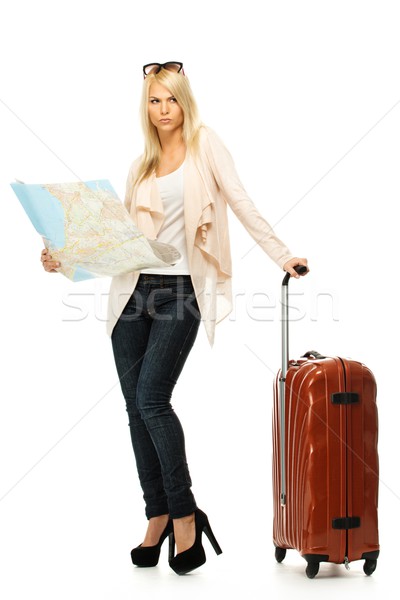 Displeased blond woman with suitcase and map  Stock photo © Nejron