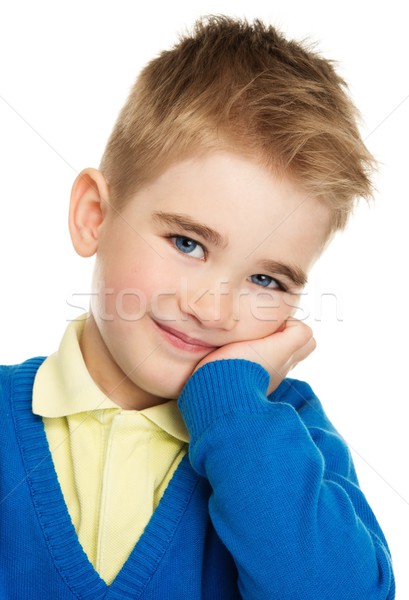 Cheerful little boy in blue cardigan and yellow shirt  Stock photo © Nejron