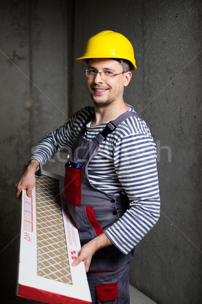 Stockfoto: Vrolijk · bouwer · helm · tegel · huis