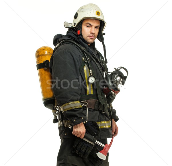 Feuerwehrmann ax Sauerstoff Ballon isoliert weiß Stock foto © Nejron