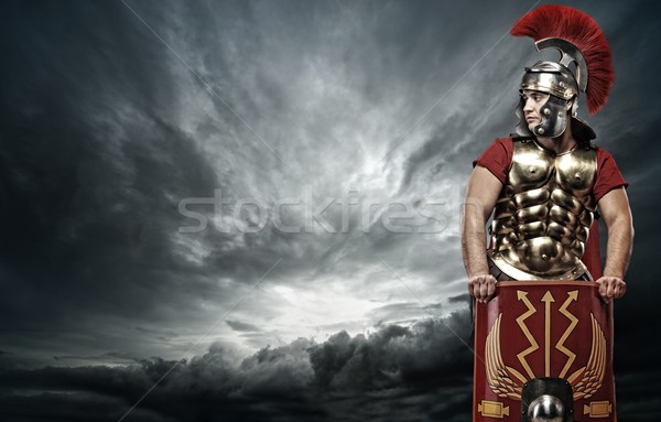Soldat stürmisch Himmel Metall Macht Kleidung Stock foto © Nejron
