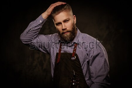 Handsome man wearing checkered  shirt in wooden rural house interior  Stock photo © Nejron