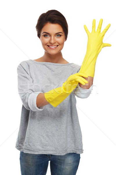 Mooie vrolijk brunette vrouw rubberen handschoenen Stockfoto © Nejron