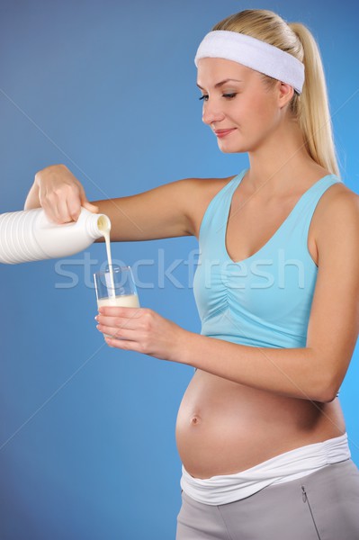 Foto stock: Mulher · grávida · leite · mulher · menina · bebê · feliz