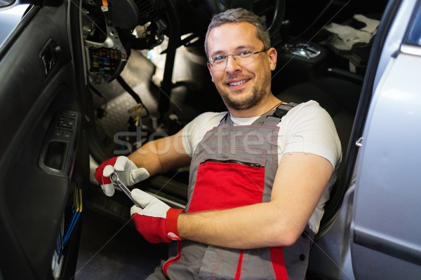 Cheerful mechanic with wrench fixing something in a car interior  Stock photo © Nejron