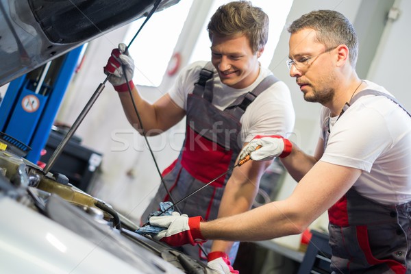 Foto stock: Dos · mecánica · petróleo · nivel · coche · taller