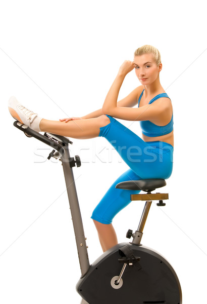 Stockfoto: Mooie · jonge · vrouw · oefening · fiets · witte · glimlach