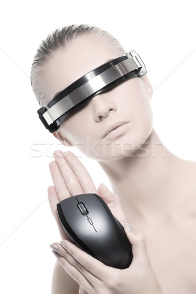 Stockfoto: Mooie · vrouw · computer · muis · geïsoleerd · witte · Maakt · een · reservekopie