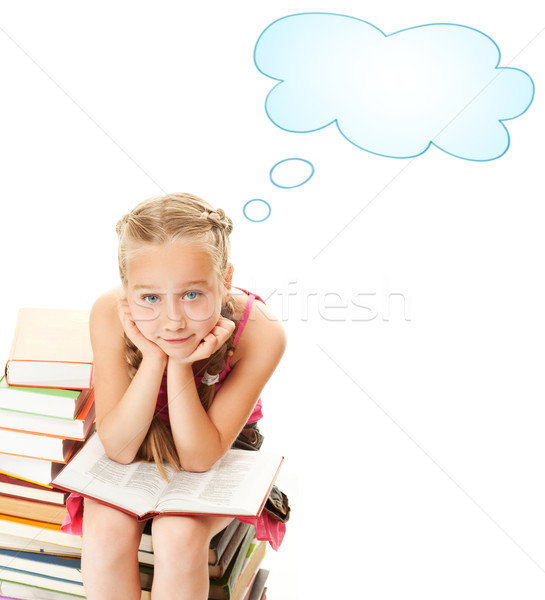 Stock fotó: Kicsi · iskolás · lány · ül · boglya · könyvek · arc