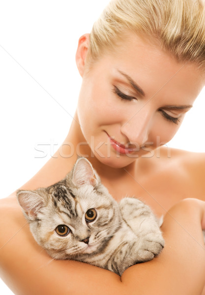 Stockfoto: Mooie · jonge · vrouw · aanbiddelijk · kitten · focus · gezicht