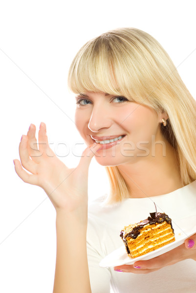 Beautiful young woman with chocolate cake isolated on white back Stock photo © Nejron