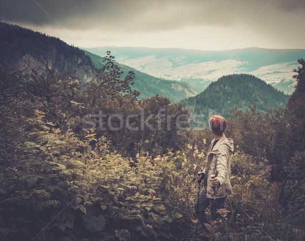 Woman with hiking equipment walking in mountain forest Stock photo © Nejron